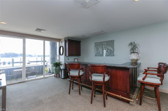 bar featuring light colored carpet