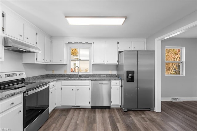 kitchen featuring stainless steel appliances, dark hardwood / wood-style floors, sink, and white cabinetry