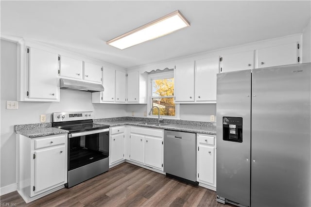 kitchen with stainless steel appliances, sink, dark hardwood / wood-style flooring, and white cabinetry