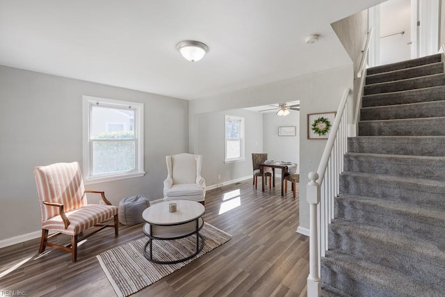 sitting room featuring ceiling fan, plenty of natural light, and dark hardwood / wood-style floors