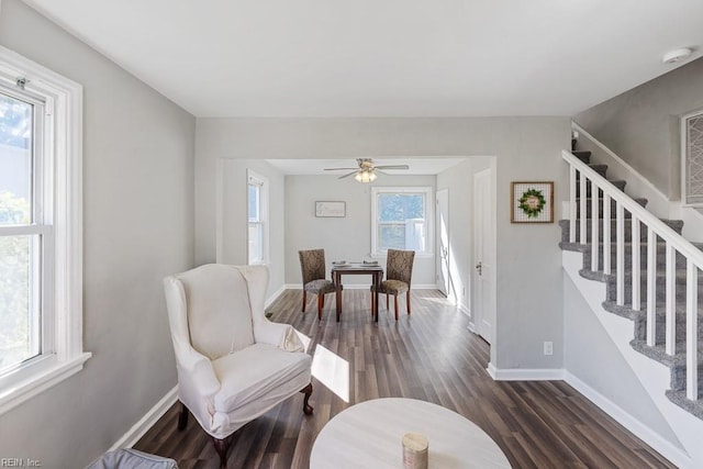 sitting room featuring ceiling fan, a wealth of natural light, and dark hardwood / wood-style flooring