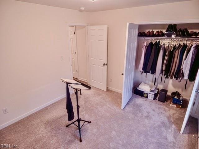 interior space featuring light colored carpet and a closet