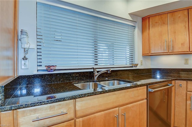 kitchen with dark stone counters, sink, and stainless steel dishwasher