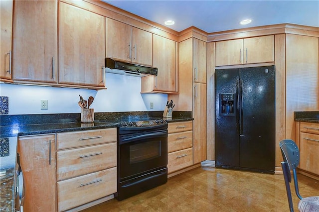 kitchen featuring dark stone countertops, light brown cabinetry, and black appliances