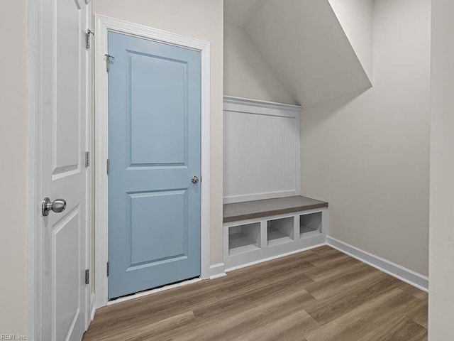 mudroom with lofted ceiling and wood-type flooring