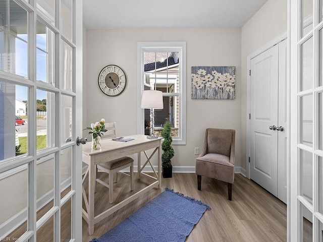 office featuring french doors, light hardwood / wood-style floors, and a wealth of natural light