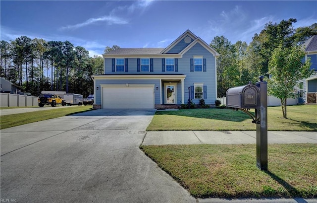 view of front of property featuring a garage and a front yard