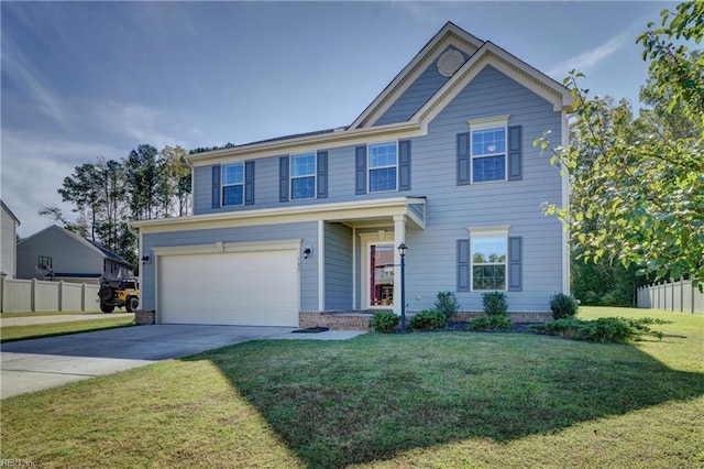 view of front of property with a garage and a front lawn