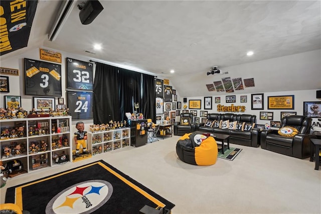 game room featuring lofted ceiling