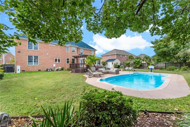 view of pool featuring a yard, central AC, and a patio