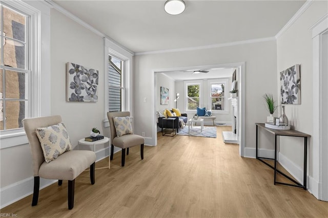 living area featuring crown molding and light hardwood / wood-style floors