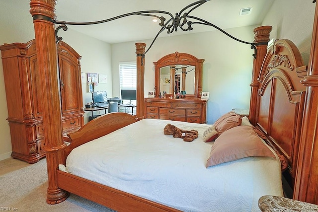 bedroom with light carpet