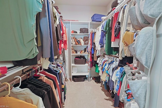 walk in closet with light carpet