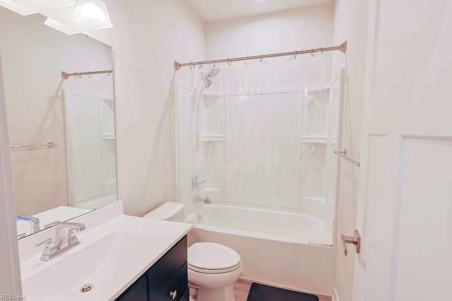 full bathroom featuring shower / tub combo, hardwood / wood-style floors, vanity, and toilet