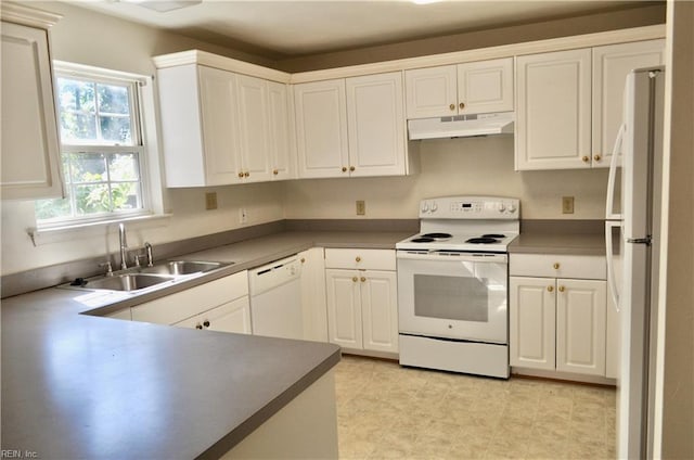 kitchen featuring white appliances, white cabinets, sink, and kitchen peninsula