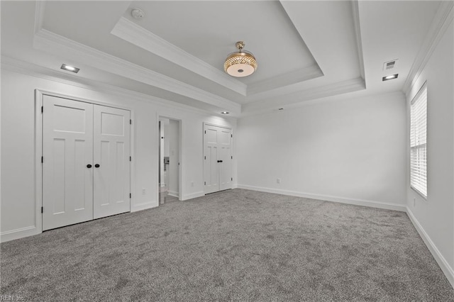 interior space with a raised ceiling, ornamental molding, and carpet