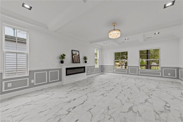 unfurnished living room with crown molding and beam ceiling