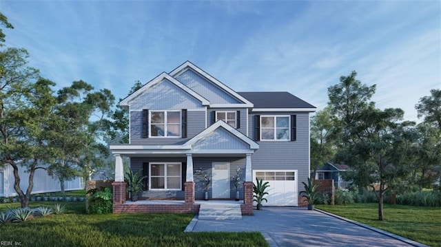 craftsman-style house with a front yard and a garage