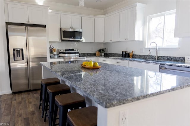 kitchen featuring dark hardwood / wood-style flooring, stainless steel appliances, light stone counters, and white cabinetry