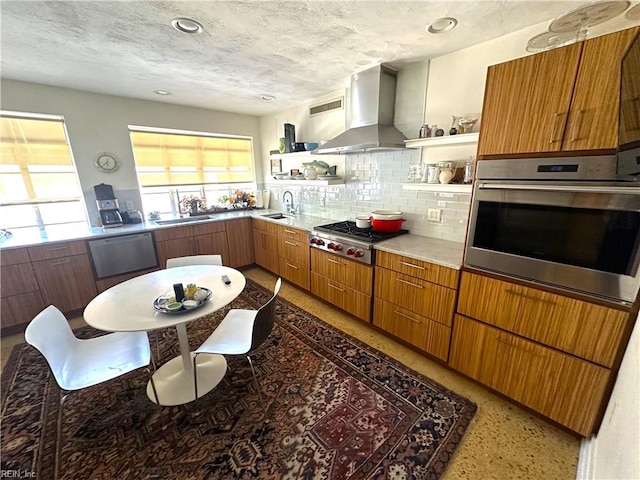 kitchen with appliances with stainless steel finishes, decorative backsplash, sink, and wall chimney range hood