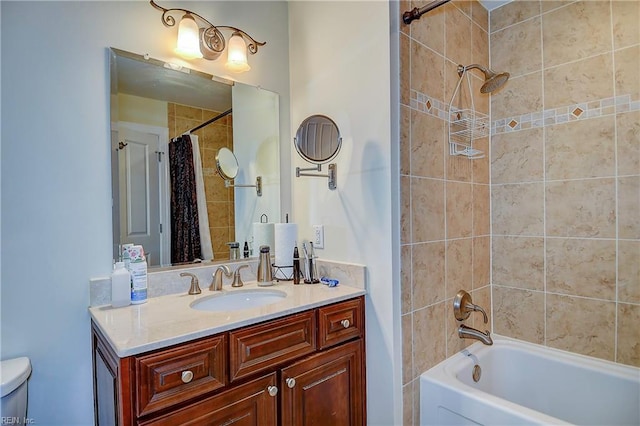 full bathroom with shower / bath combo, toilet, and vanity