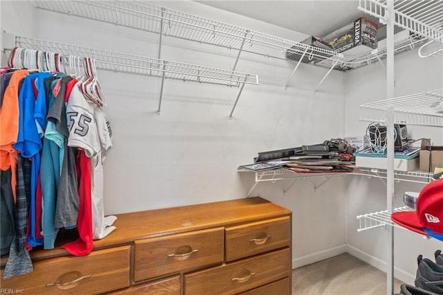 walk in closet with light colored carpet