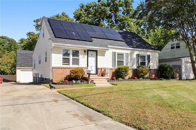 view of front of house with an outdoor structure, a garage, solar panels, and a front lawn