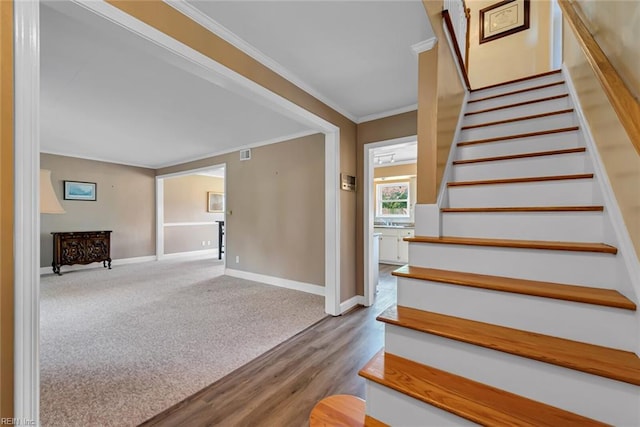 stairway featuring ornamental molding and wood-type flooring