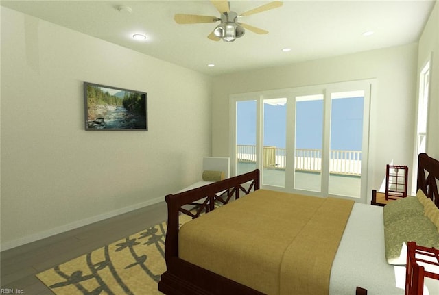 bedroom with ceiling fan, hardwood / wood-style floors, and access to exterior