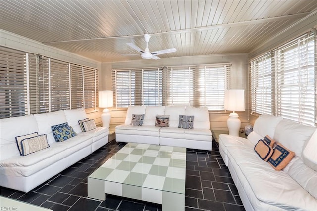 living room with ceiling fan and wooden ceiling