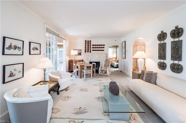 6904 Ocean Front Ave, Virginia Beach, VA 23451 - living area featuring a fireplace, ornamental molding, carpet floors, and baseboards
