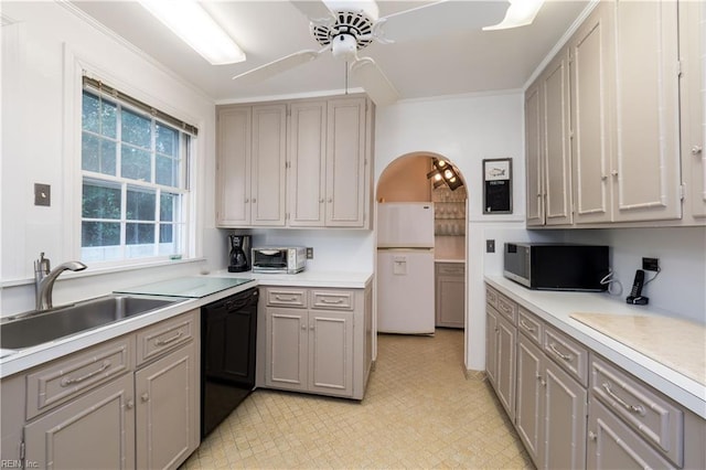 kitchen featuring white fridge, black dishwasher, ornamental molding, and sink