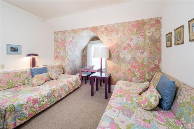 6904 Ocean Front Ave, Virginia Beach, VA 23451 - bedroom featuring wallpapered walls, carpet, and lofted ceiling