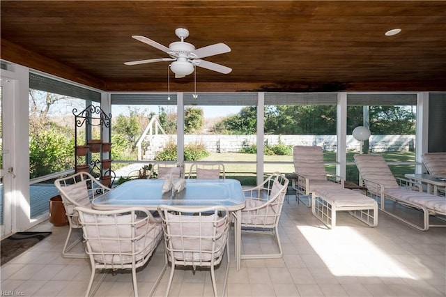 sunroom / solarium featuring wood ceiling, a hot tub, and ceiling fan