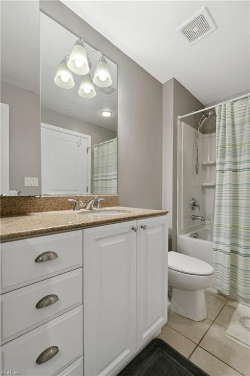 full bathroom with shower / bathtub combination with curtain, tile patterned floors, vanity, and toilet