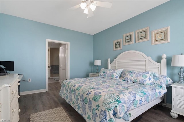 bedroom with ceiling fan and dark wood-type flooring