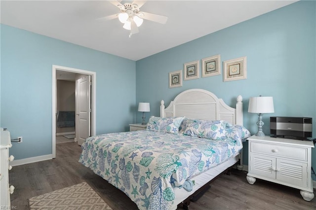 bedroom featuring ceiling fan and dark hardwood / wood-style flooring