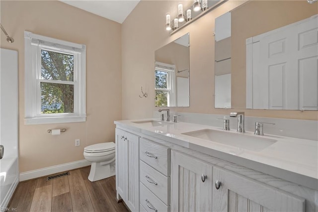 bathroom featuring a healthy amount of sunlight, vanity, toilet, and wood-type flooring