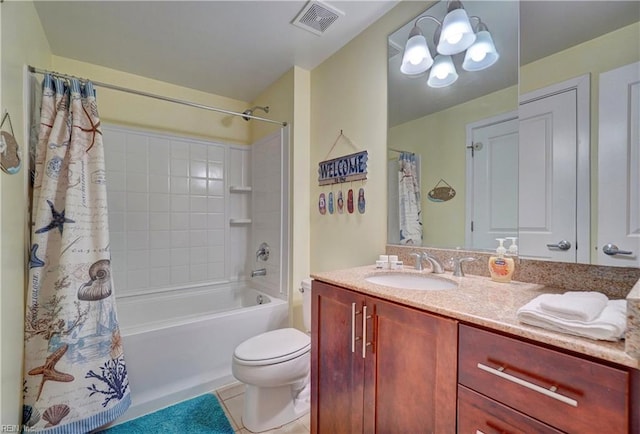 full bathroom with toilet, shower / bath combo, vanity, and tile patterned flooring