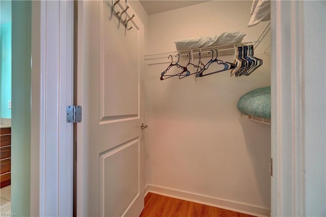 walk in closet with wood-type flooring