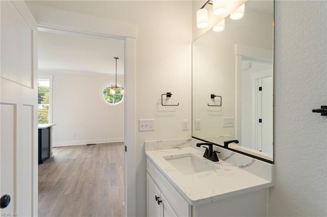 bathroom with vanity, crown molding, and hardwood / wood-style flooring