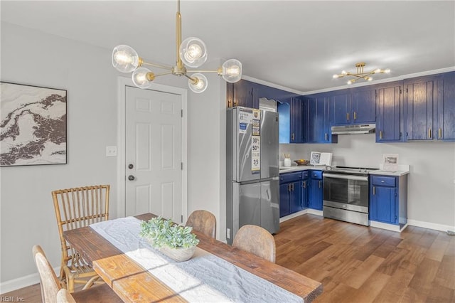 dining space with crown molding and dark wood-type flooring