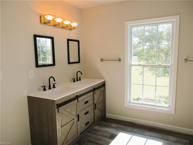 bathroom featuring hardwood / wood-style flooring and vanity