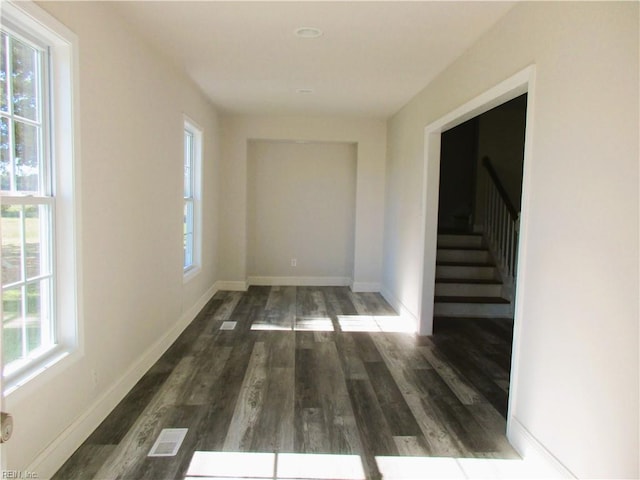 hallway with plenty of natural light and dark wood-type flooring