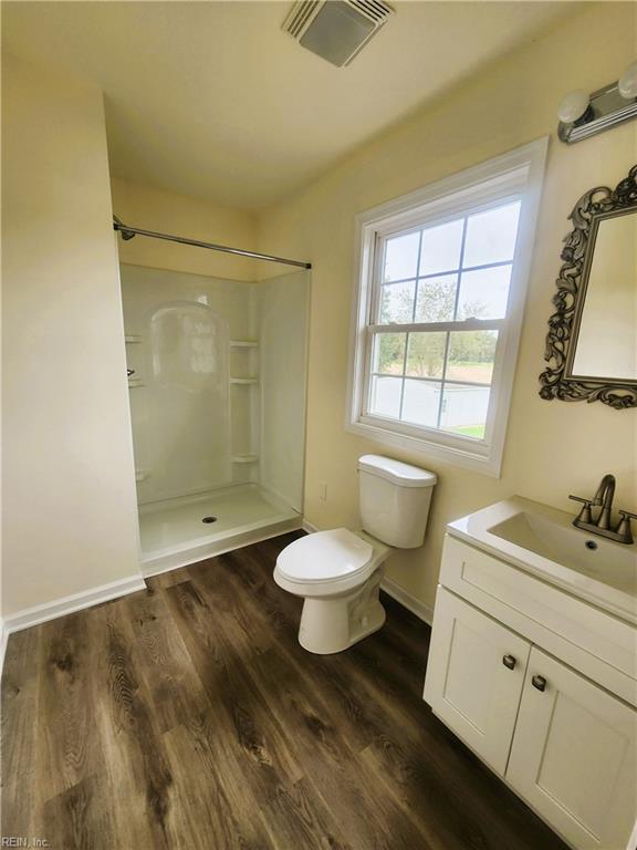 bathroom with wood-type flooring, toilet, vanity, and a shower