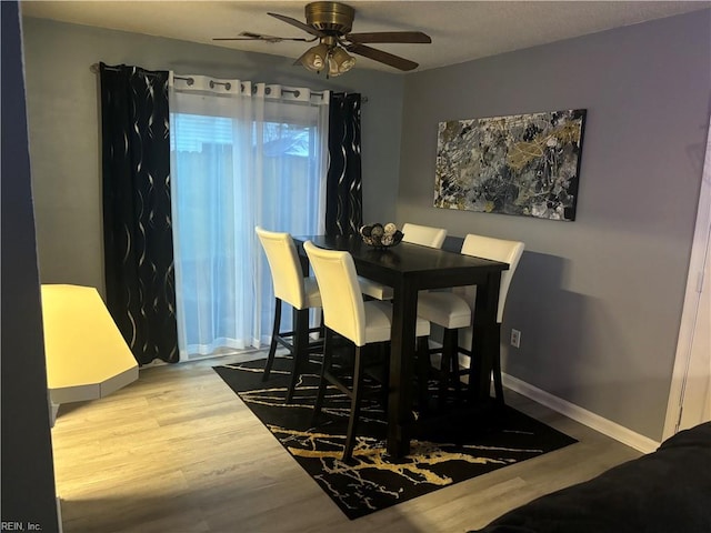 dining area with ceiling fan and hardwood / wood-style floors