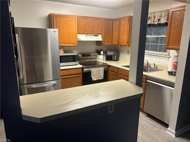 kitchen featuring sink, appliances with stainless steel finishes, and light hardwood / wood-style floors