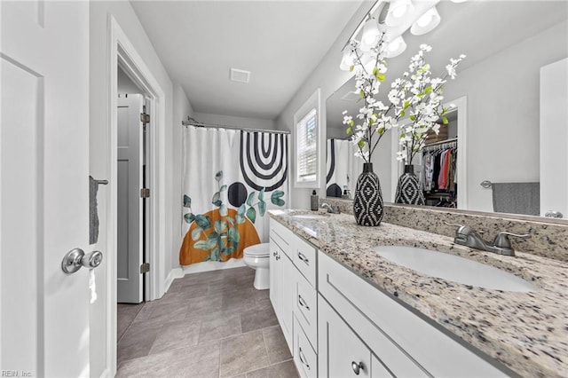 bathroom with vanity, a shower with shower curtain, and toilet