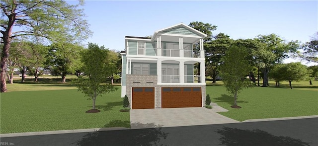 view of front of property with a garage, a balcony, and a front yard