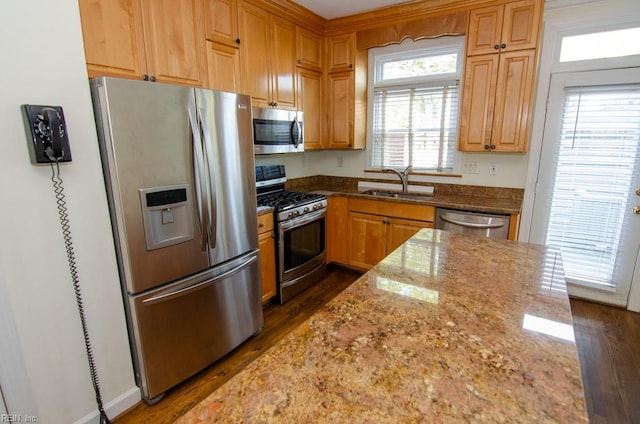 kitchen featuring dark wood-type flooring, stainless steel appliances, light stone countertops, and sink